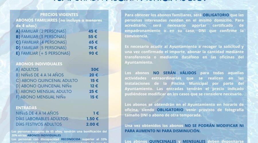 Desde mañana 11 de junio , se podrán adquirir los abonos para la Piscina Municipal en las dependencias del Ayto.